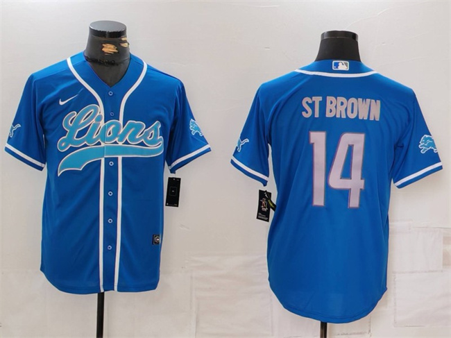 Men's Detroit Lions #14 Amon-Ra St. Brown Blue Cool Base Stitched Baseball Jersey Men's Detroit Lions #14 Amon-Ra St. Brown Blue Cool Base Stitched Baseball Jersey